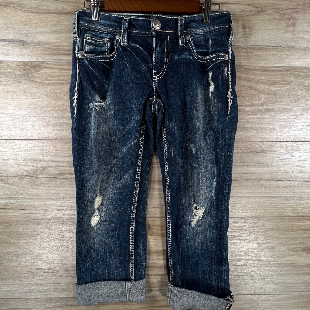 Silver Jeans Co Aiko Mid Capri W28 Dark Wash Distressed Embroidered Flap Pocket